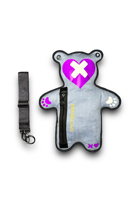 Light Blue Faux Suede | White Reflective | Purple Heart Edition Bear Bag