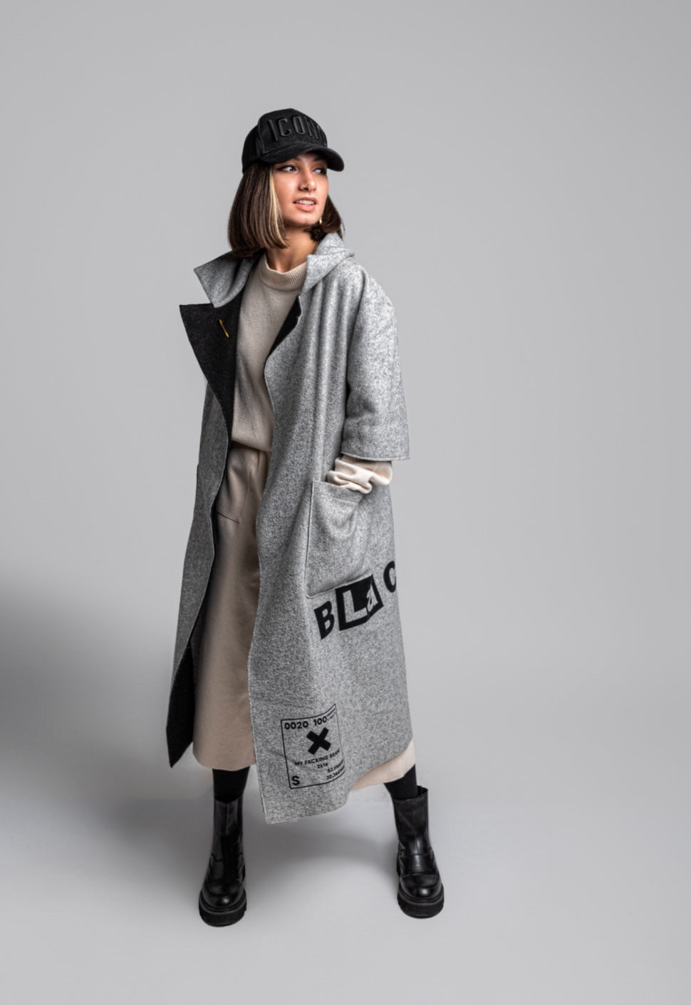 Oversized "MISHKA" Coat in Gray Semi-Wool with Black Velvet Details