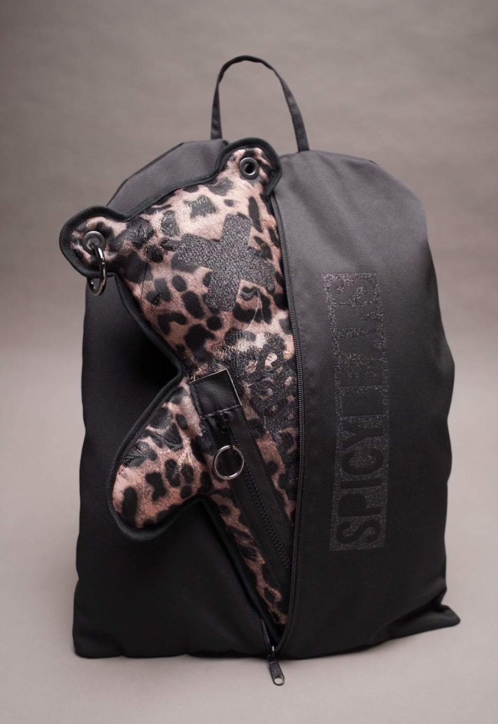 Brown Leo Jacquard | Black Glitter Bear Bag