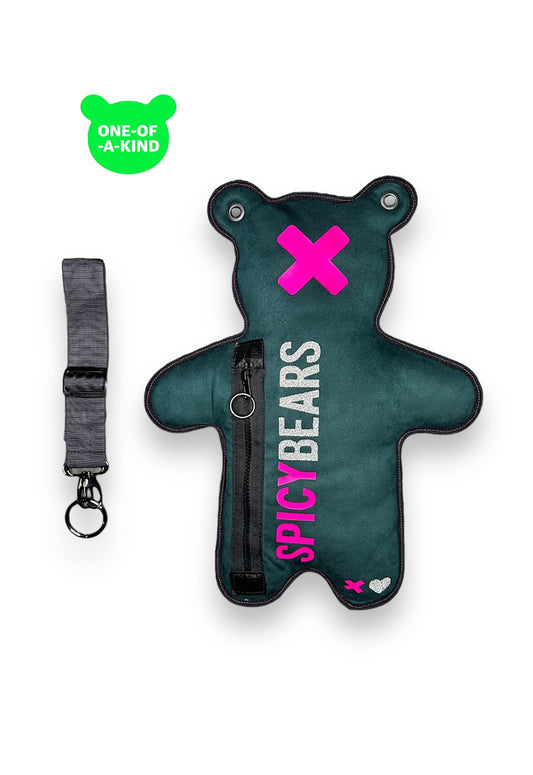 Dark Teal | Neon Rose Fluo-Silver Glitter | Faux Suede Bear Bag