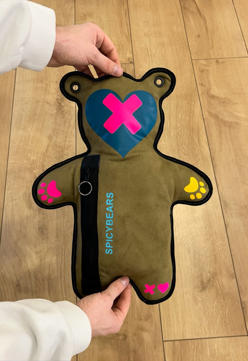 Browny Green Faux Suede | Neon Pink | Dark Teal Heart Edition Bear Bag