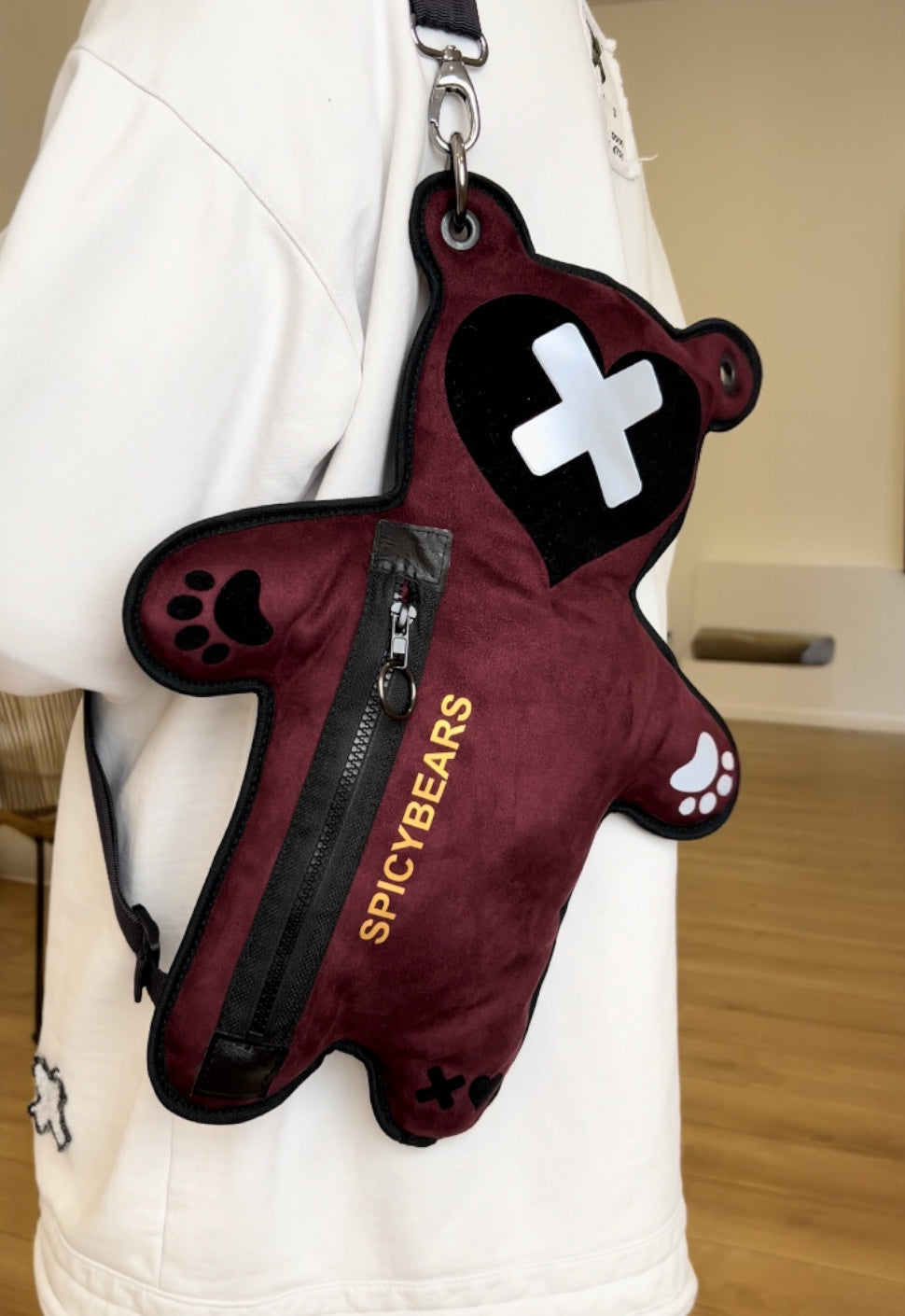 Burgundy Faux Suede | Silver Reflective | Black Velvet Heart Edition Bear Bag