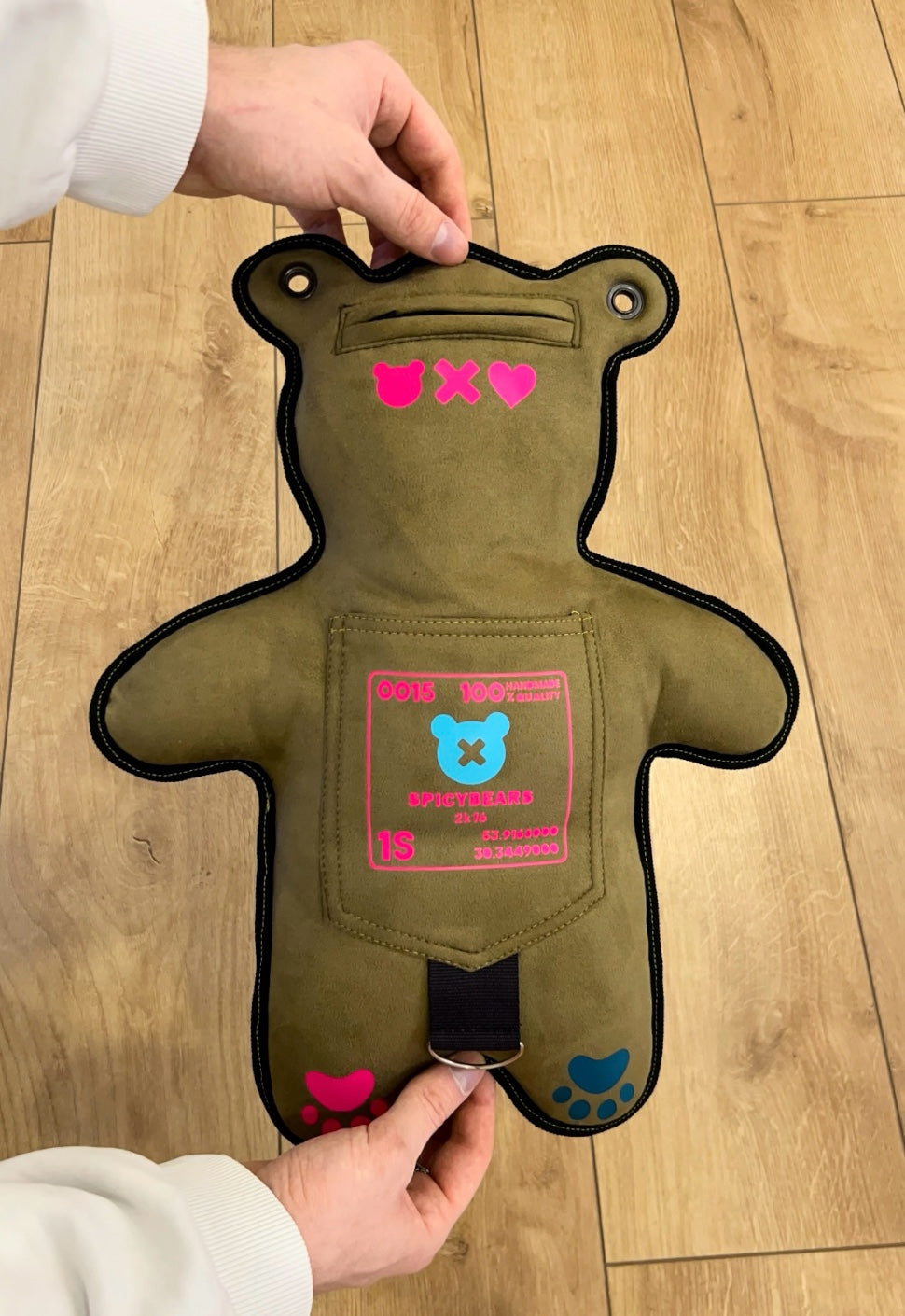 Browny Green Faux Suede | Neon Pink | Dark Teal Heart Edition Bear Bag