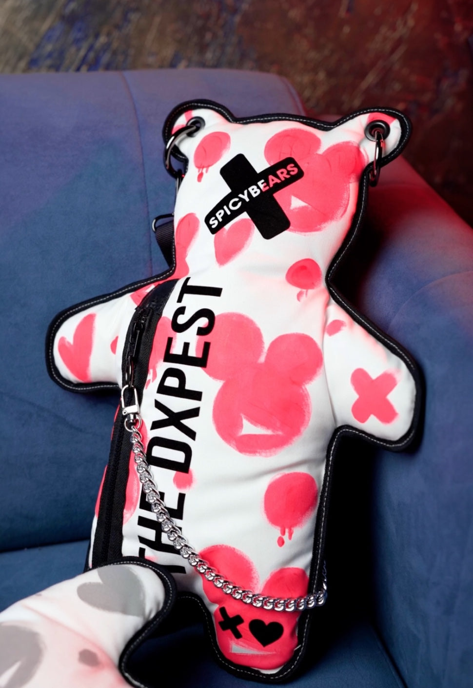 THE DXPEST | HAND-PAINTED EDITION | White & Neon Pink | Black Velvet Bear Bag