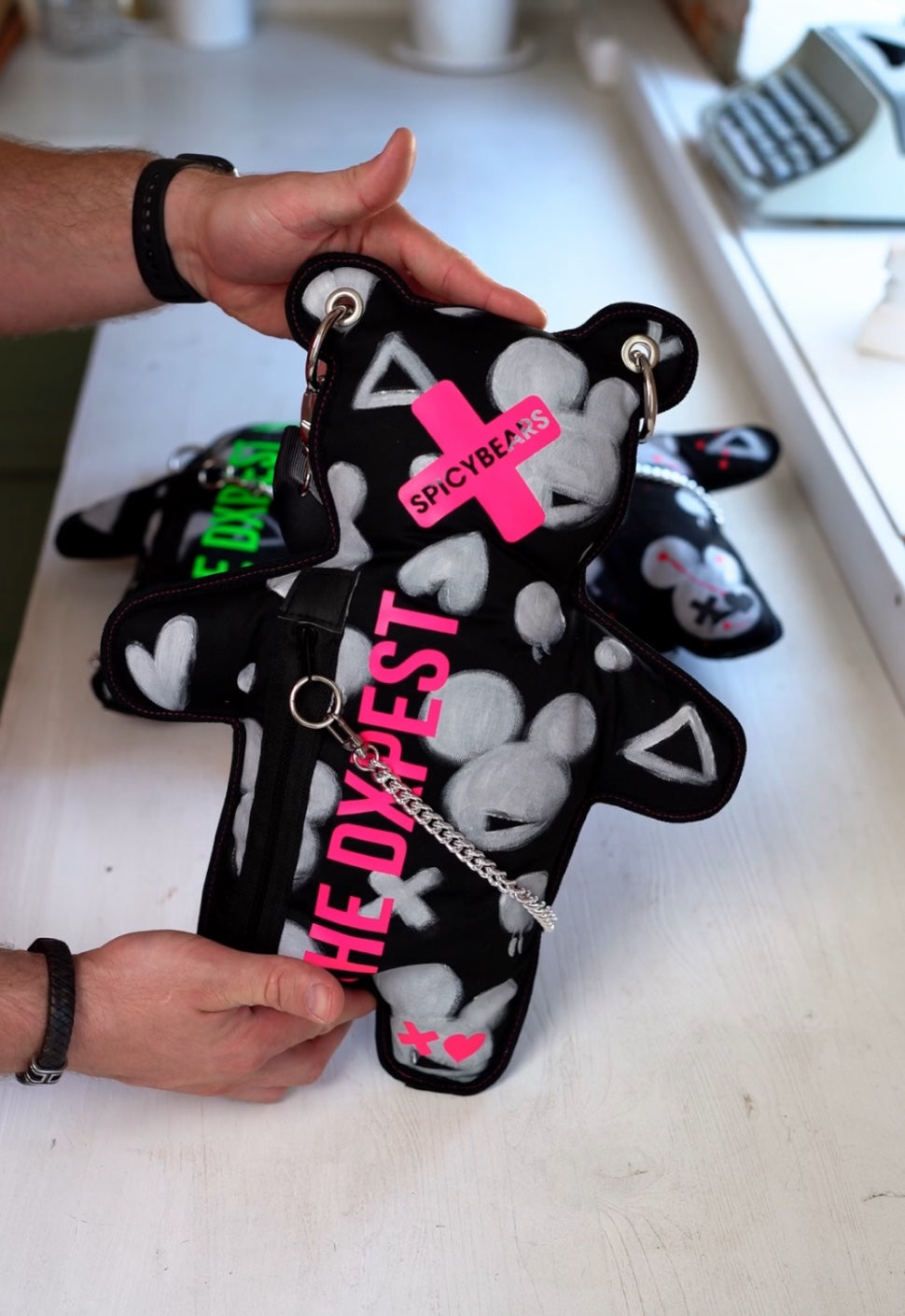 THE DXPEST | HAND-PAINTED EDITION | Black & White | Neon Pink Bear Bag