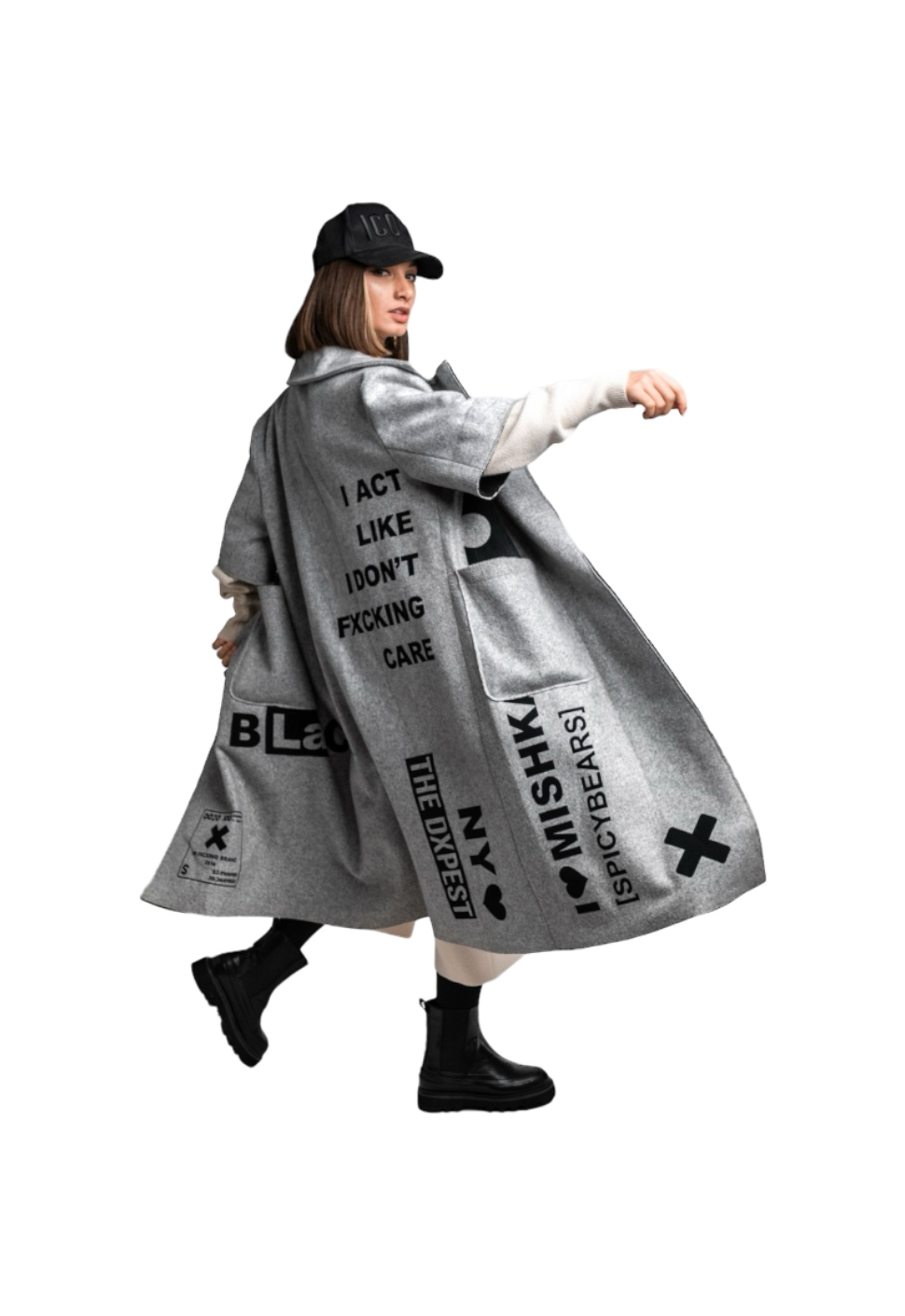 Oversized "MISHKA" Coat in Gray Semi-Wool with Black Velvet Details