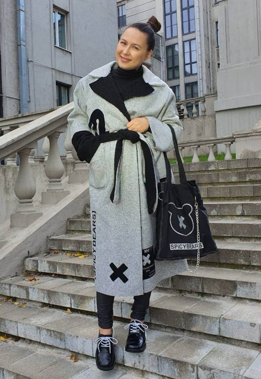 Oversized "MISHKA" Coat in Gray Semi-Wool with Black Velvet Details