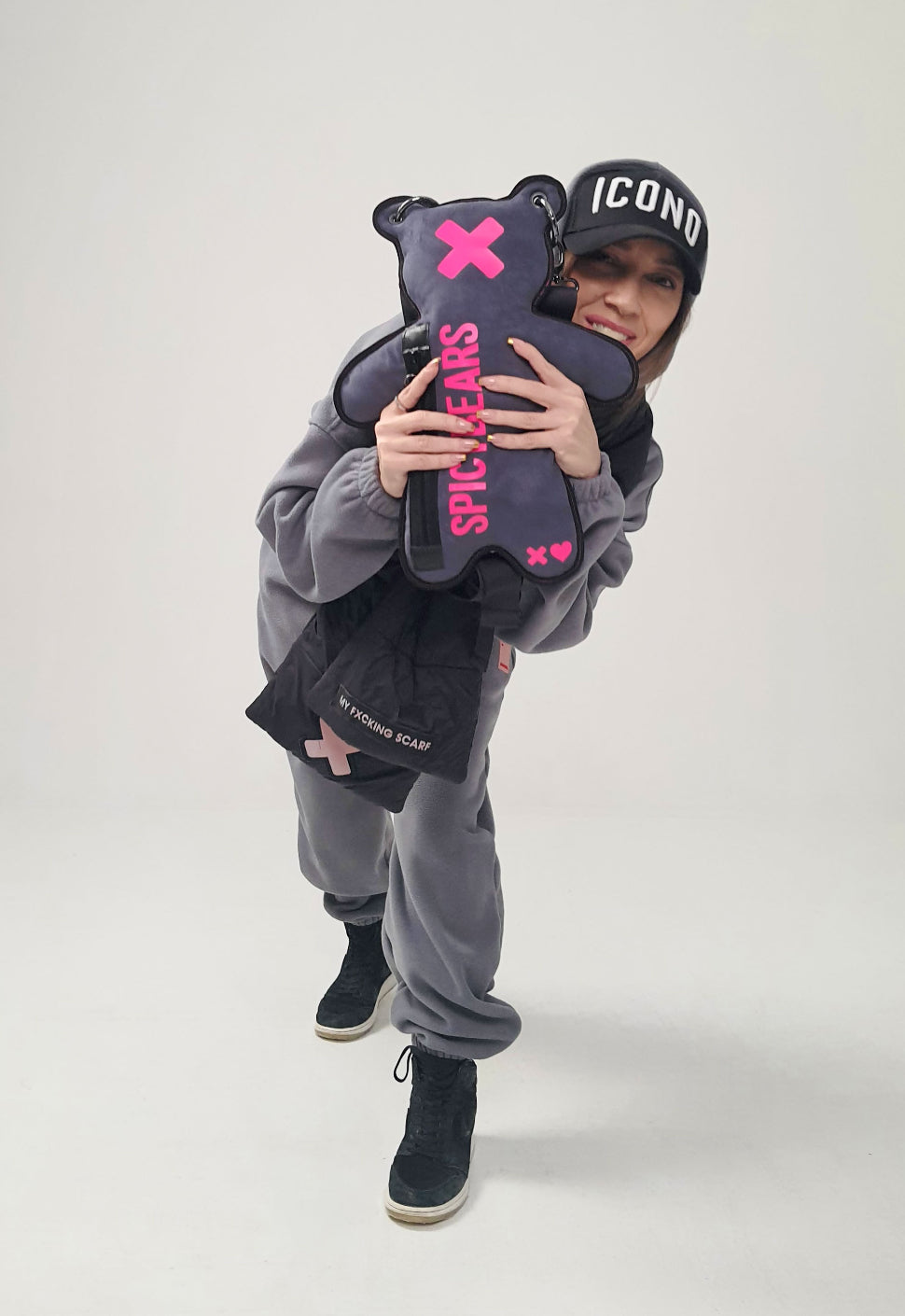 Dark Gray | Neon Pink Bear Bag | Faux Suede