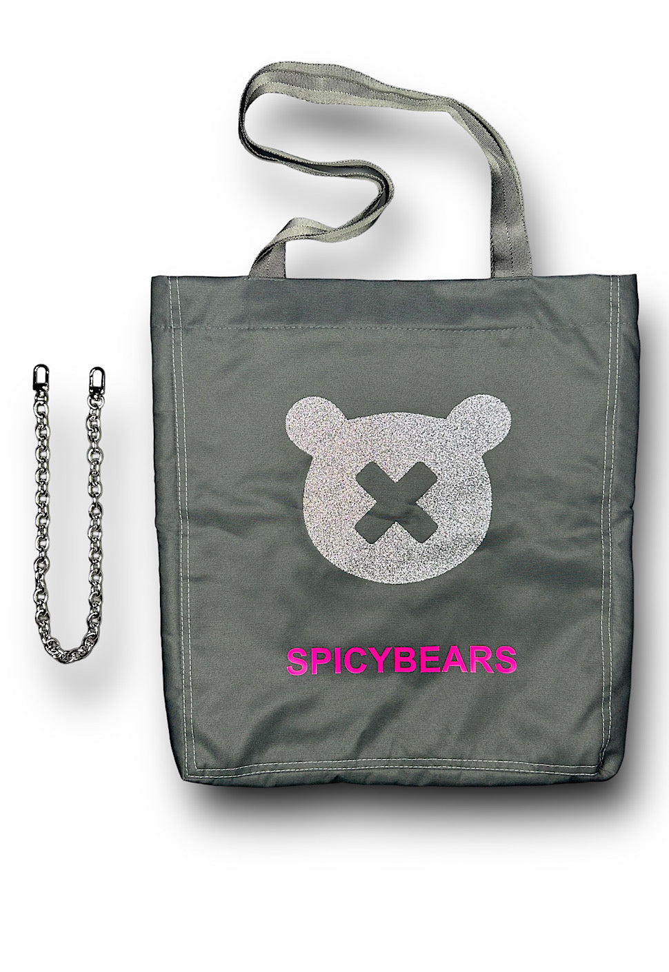 SPICYBEARS Logo Tote | Dark Gray | Silver Glitter | Neon Pink - SPICYBEARS