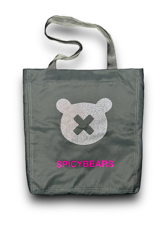 SPICYBEARS Logo Tote | Dark Gray | Silver Glitter | Neon Pink - SPICYBEARS