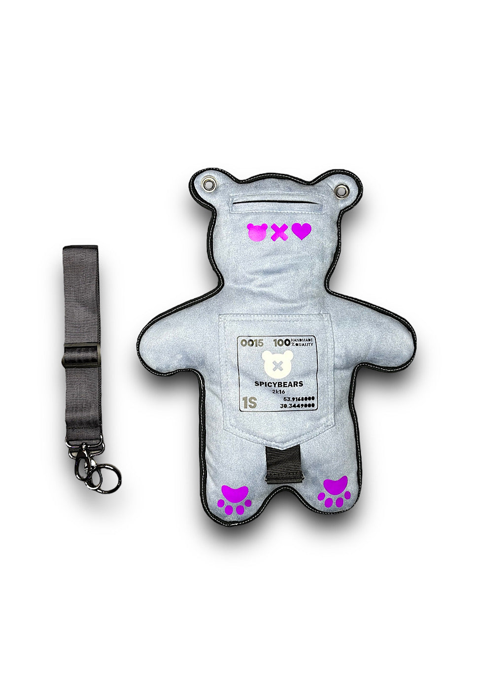 Light Blue Faux Suede | White Reflective | Purple Heart Edition Bear Bag