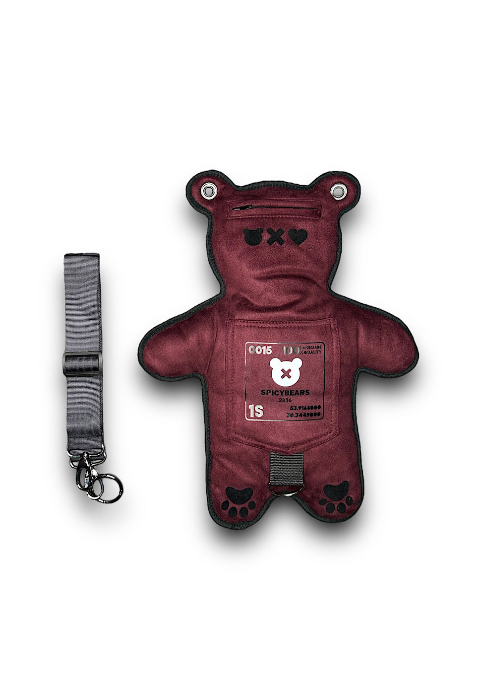 Burgundy Faux Suede | Silver Reflective | Black Velvet Heart Edition Bear Bag