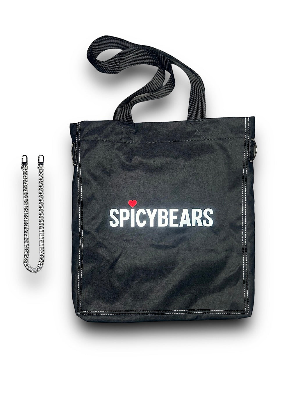 SPICYBEARS Tote | Black | White Reflective | Red Heart