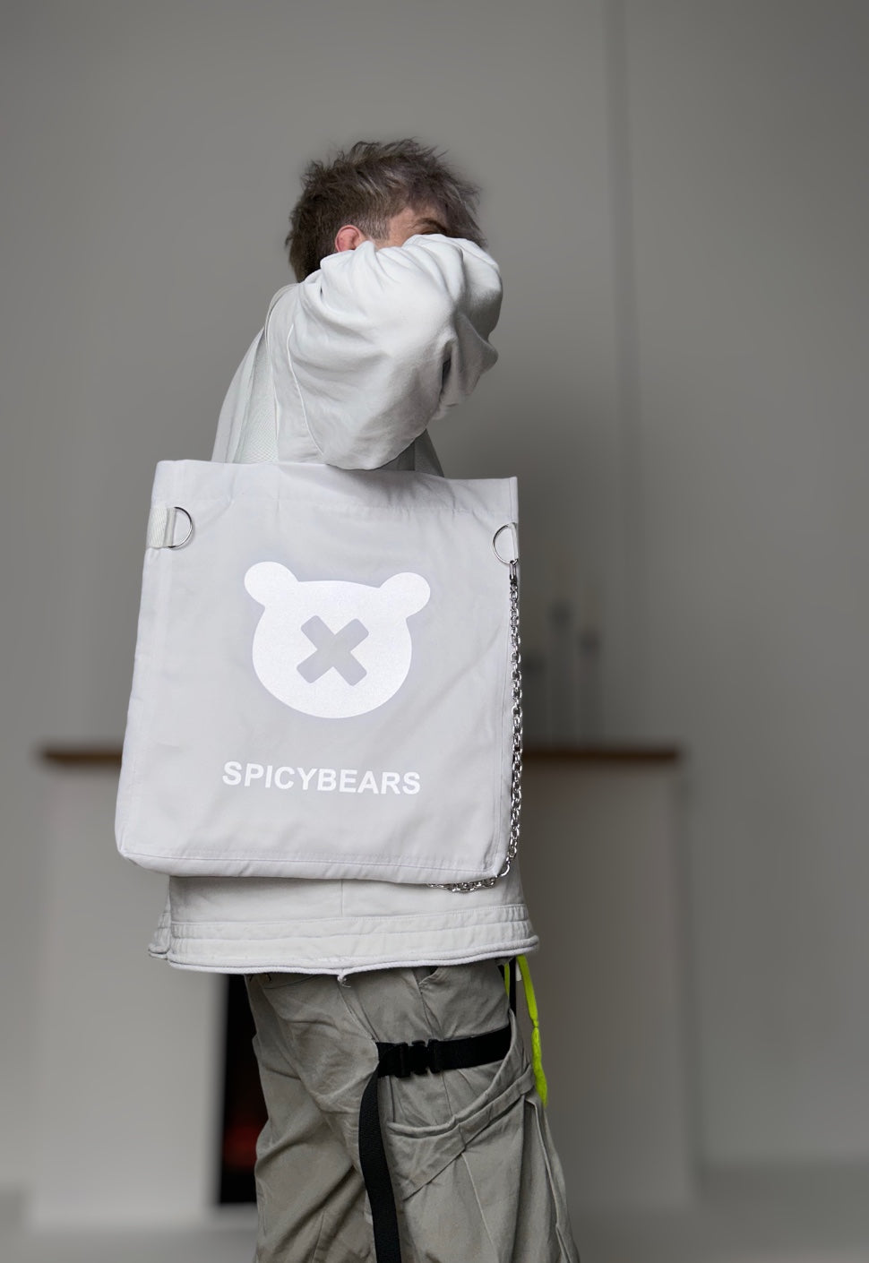 SPICYBEARS Logo Tote | White | White Reflective - SPICYBEARS