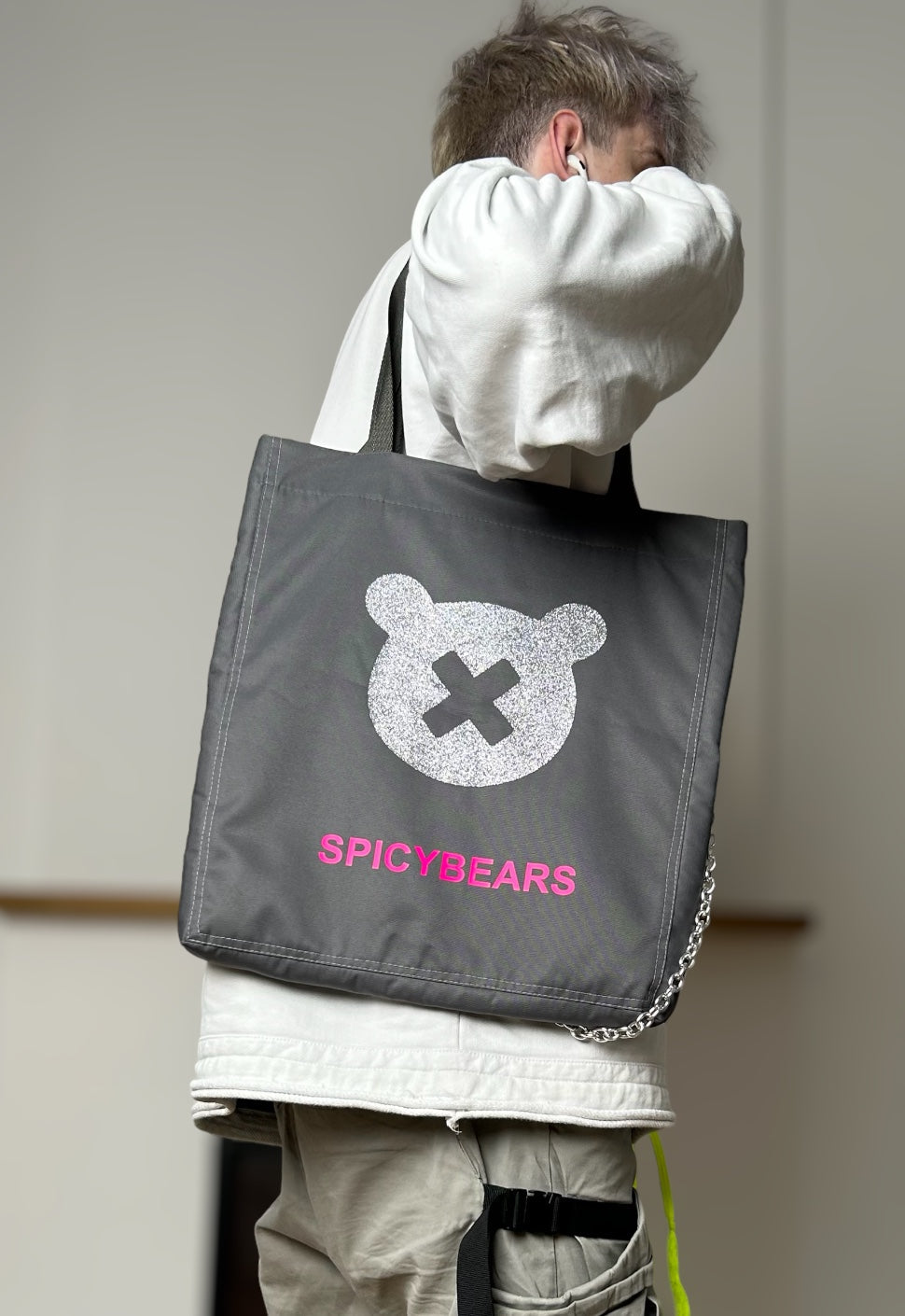 SPICYBEARS Logo Tote | Dark Gray | Silver Glitter | Neon Pink - SPICYBEARS