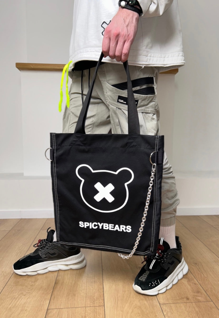 SPICYBEARS Logo Tote | Black | White Reflective - SPICYBEARS